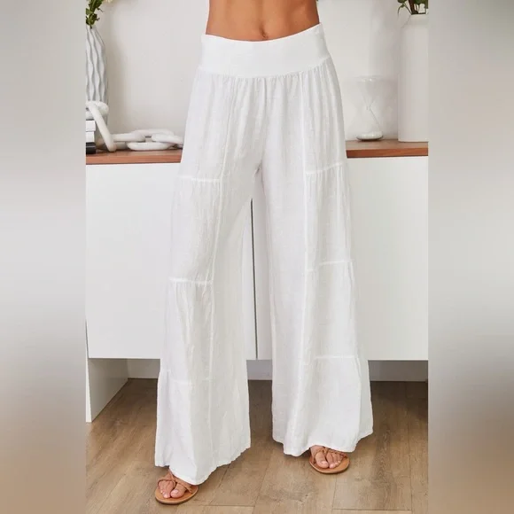(2-36/255005-SOL-WHT) LINEN TIERED PALAZZO PANT - Picture 5 of 5